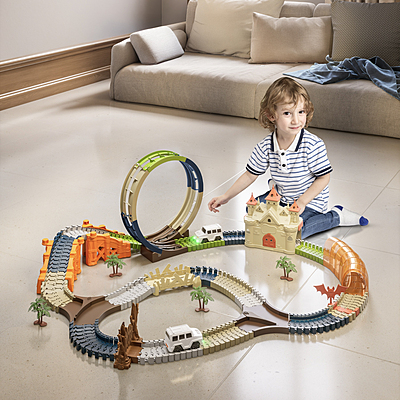 TUMAMA Electric Cars DIY Track Set with castle bridge & tunnel 202pcs